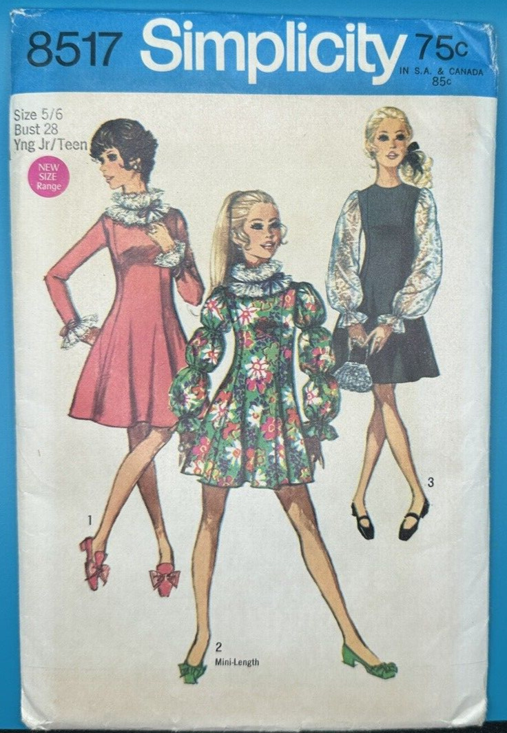 Young Junior Teen Dress Cool Sleeves Pattern Simplicity 8517 Size 5 6 1960\'s VTG