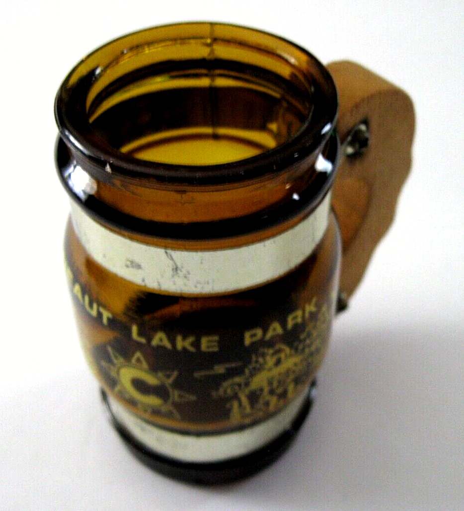 vtg Conneaut Lake Park PA Small Barrel Mug Amber Glass w/Wood Handle fairyland