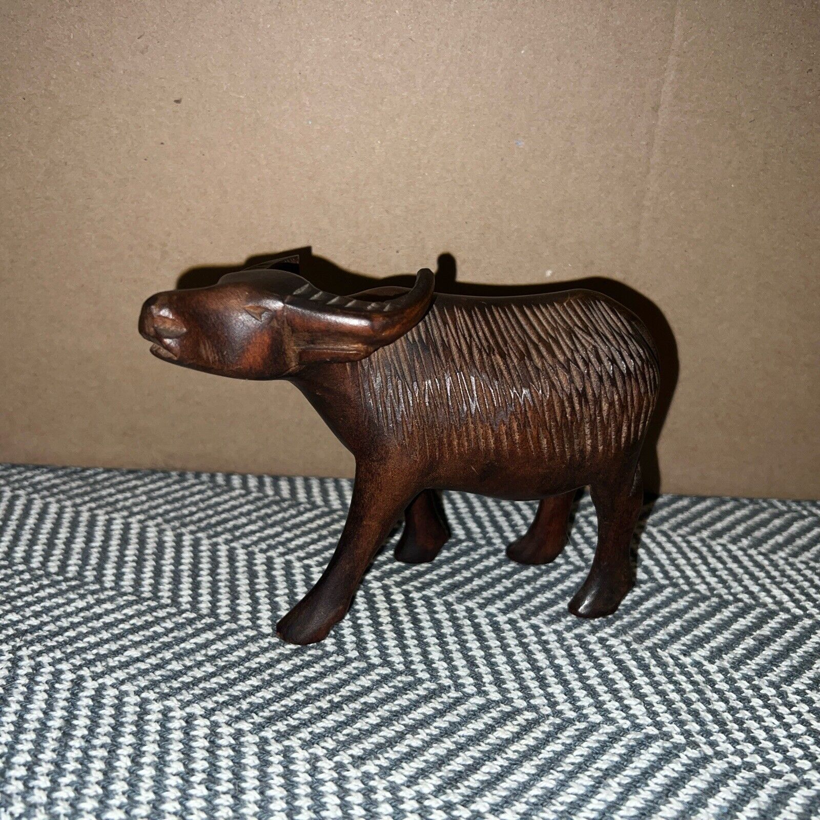 Vintage Hand Carved Wooden Wood Bull Figurine Or Buffalo Sculpture Handmade 