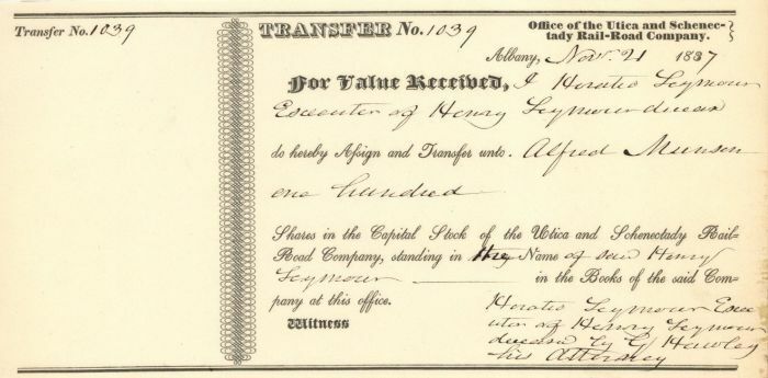 Utica and Schenectady Rail-Road Co. Issued to Horatio Seymour Executor - Stock T