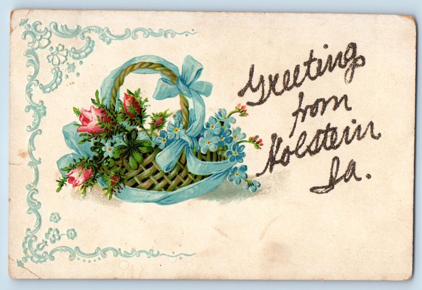 Holstein Iowa IA Postcard Greetings Glitter Embossed Flower 1910 Vintage Antique
