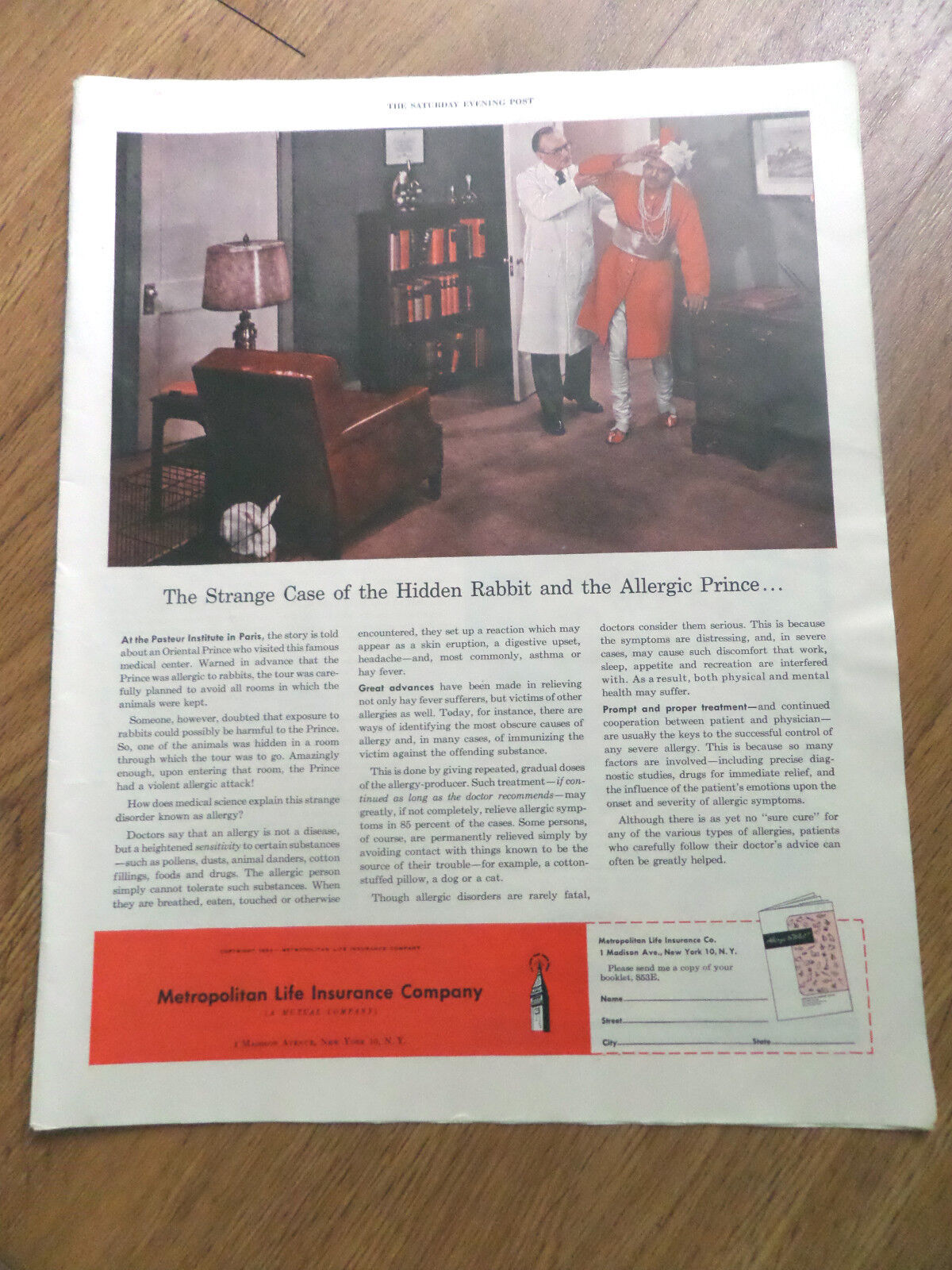 1953 Metropolitan Life Insurance Ad Strange Case Hidden Rabbit & Allergic Prince