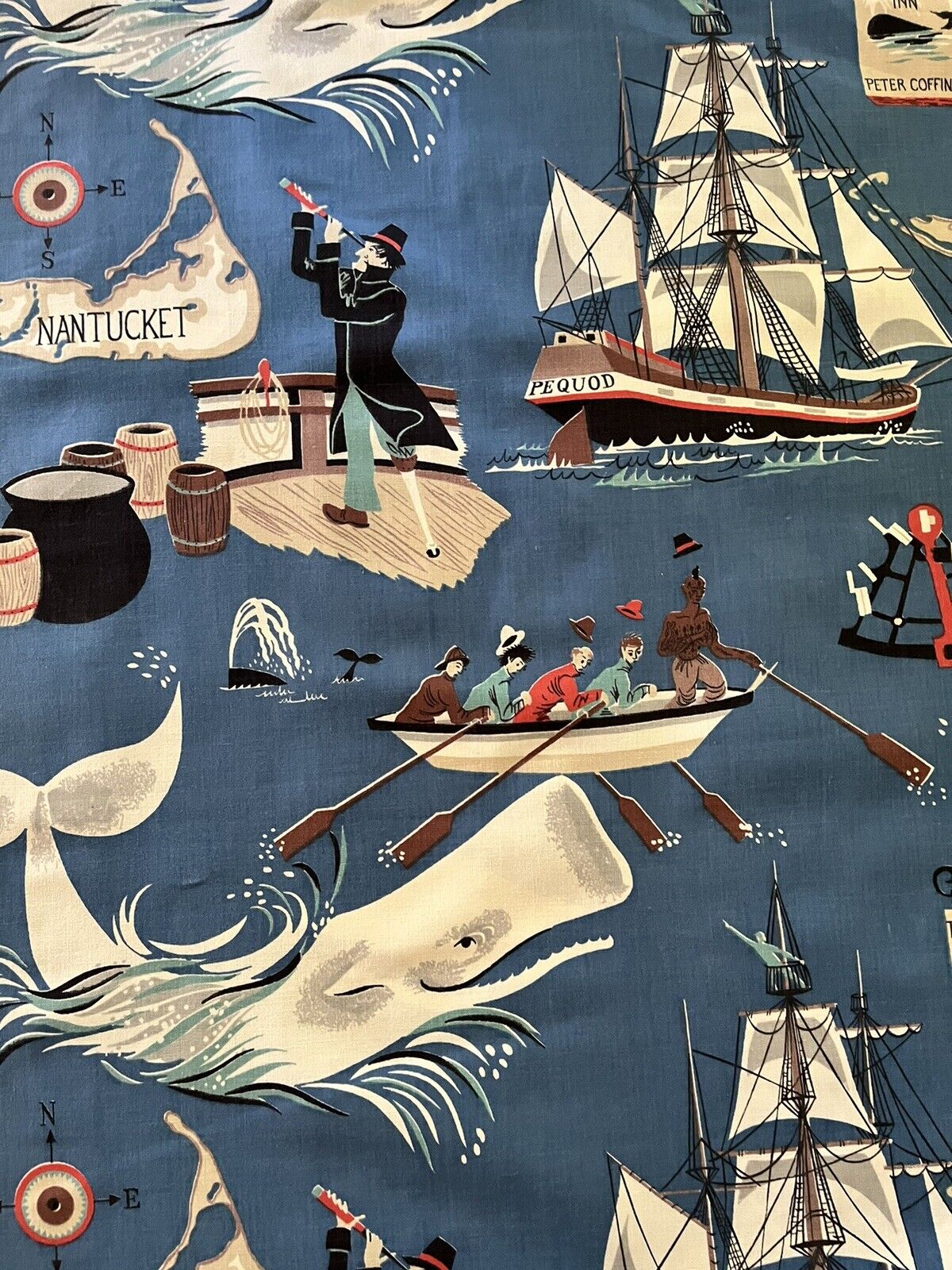 Rare Vtg 50s Moby Dick Nautical upholstery Fabric By Yard