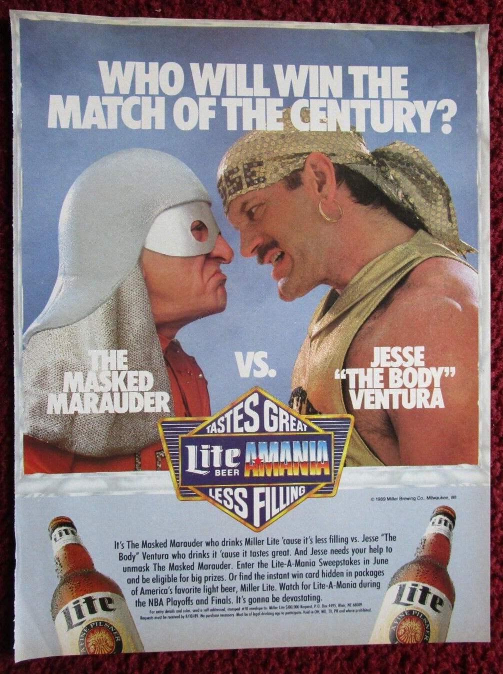 1989 MILLER LITE Beer Print Ad ~ Wrestling JESSE VENTURA vs The Masked Marauder