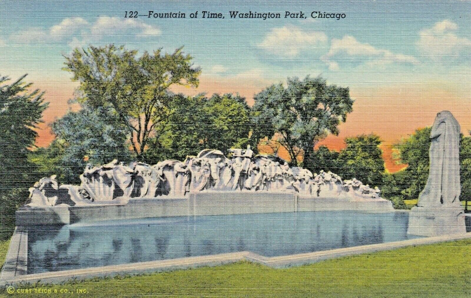 Vintage Postcard ILLINOIS  FOUNTAIN OF TIME, WASHINGTON PARK  LINEN  UNPOSTED