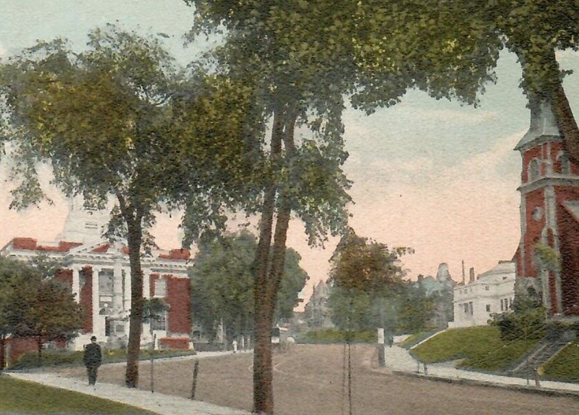 Vintage Postcard View Main Street City Hall Curtis Library Church Meridian Conn