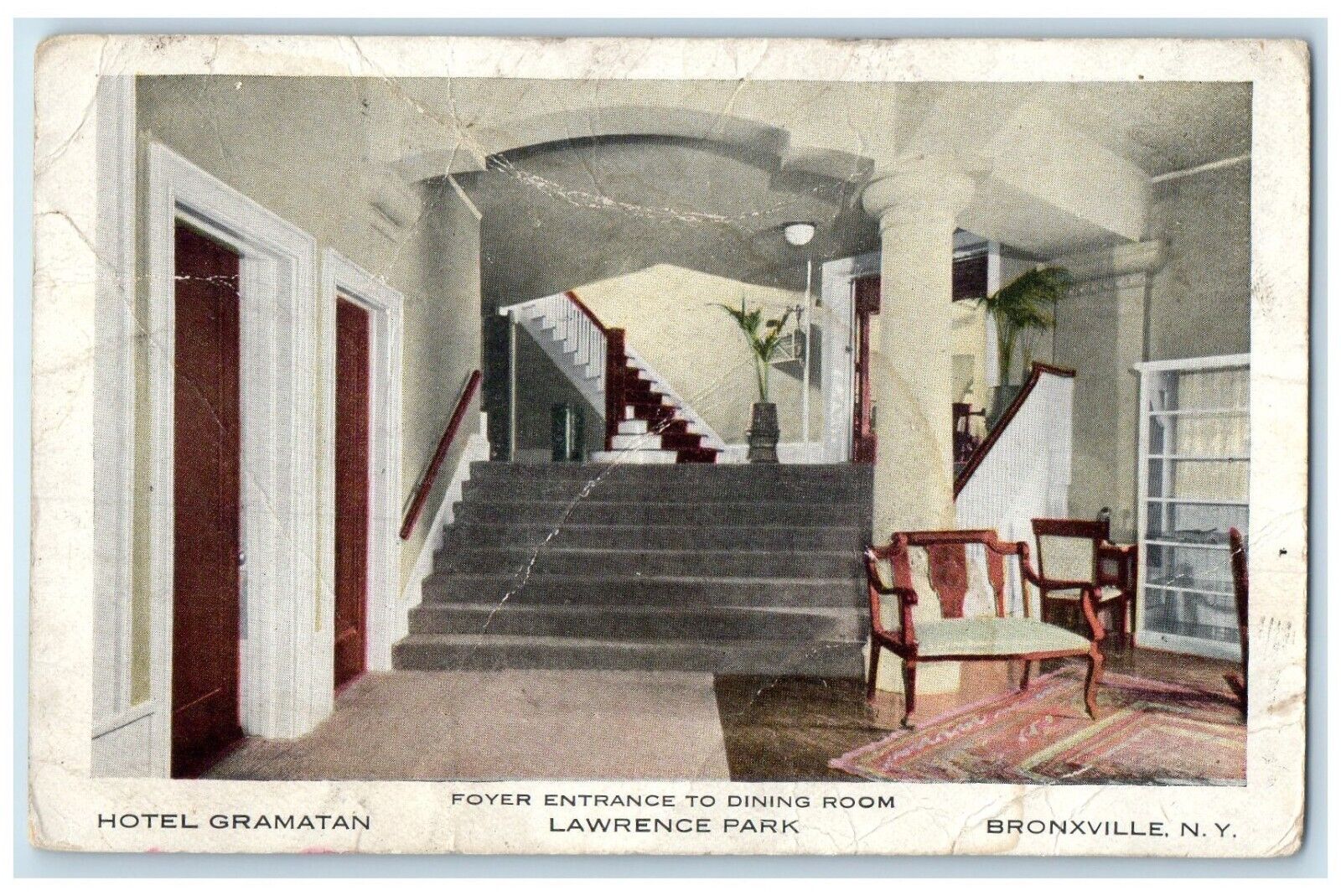 c1920 Hotel Gramatan Foyer Entrance Dining Room Bronxville New York NY Postcard