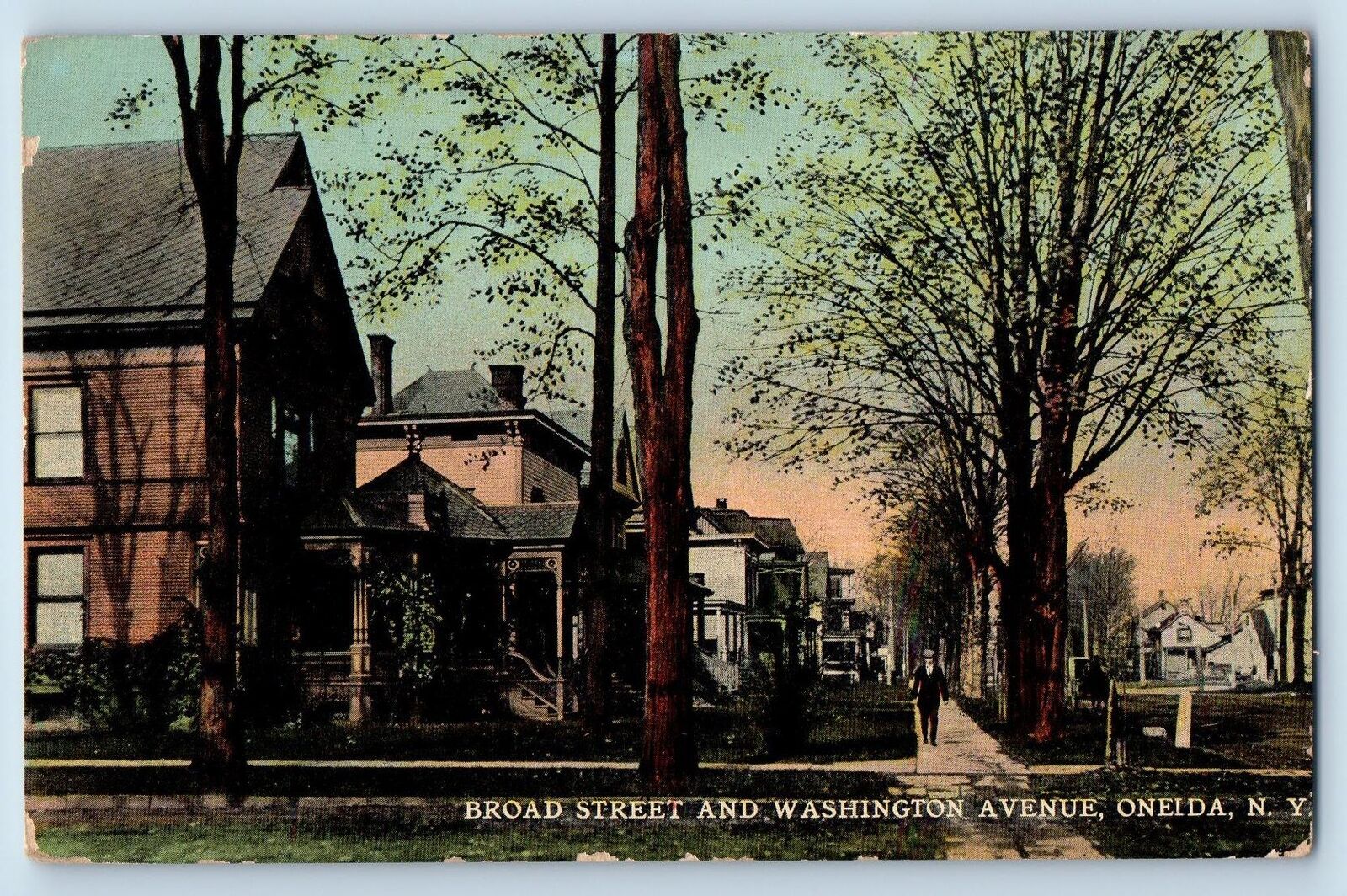 Oneida New York NY Postcard Broad Street And Washington Avenue c1910\'s Antique