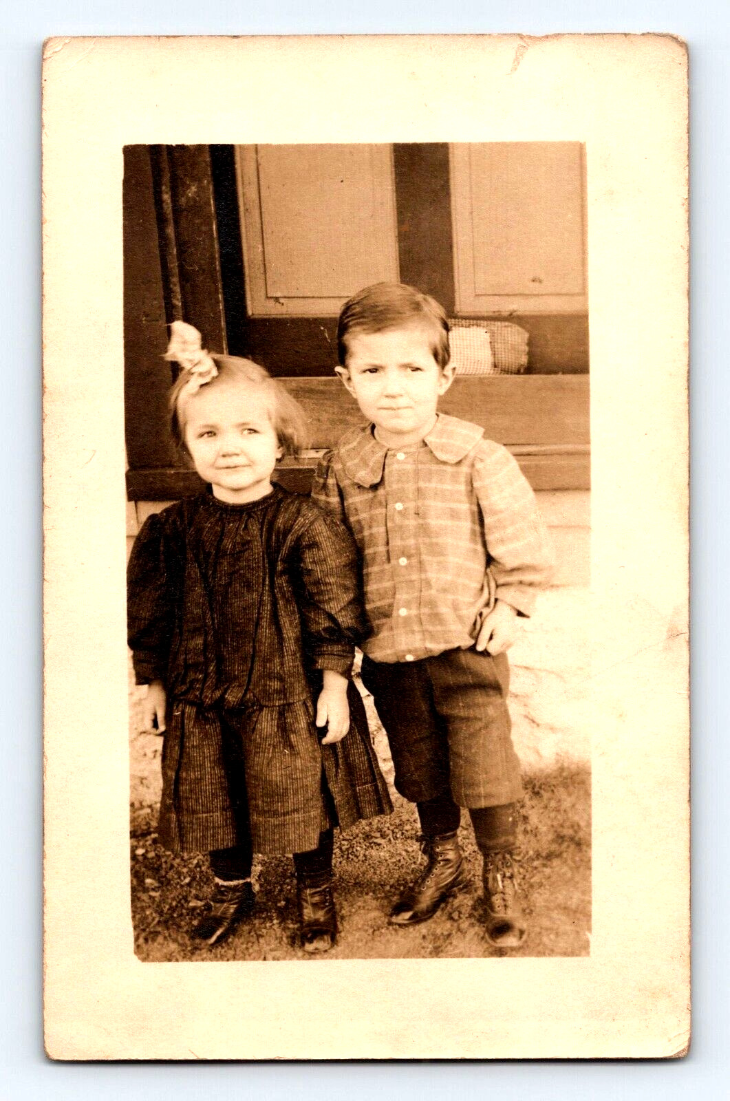 Vintage Sepia Photo Post Card Small Boy and Girl 5.5x3.5 inches 