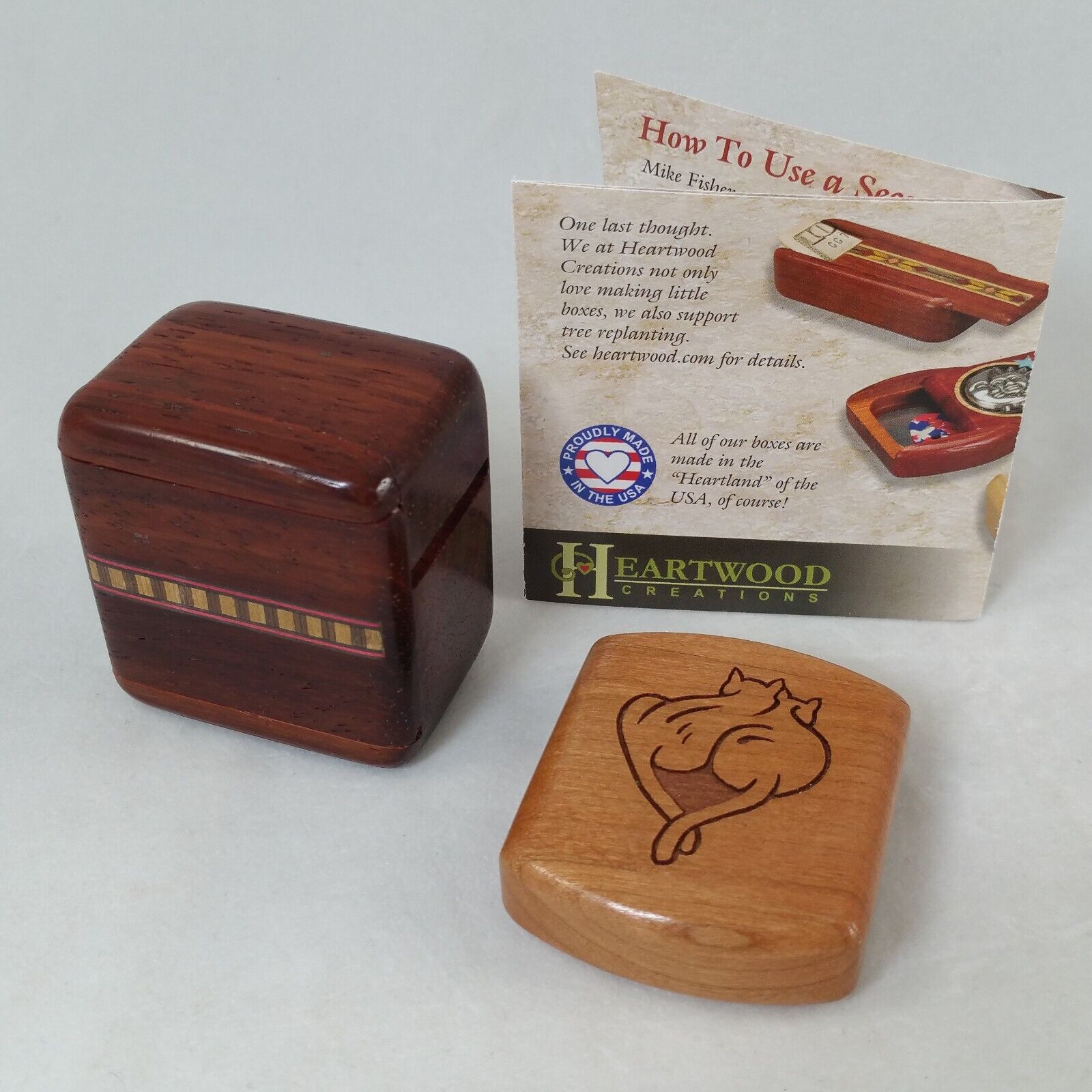 Heartwood Creations Wood Stamp Holder Dispenser & Cat Trinket Box Lot Of 2