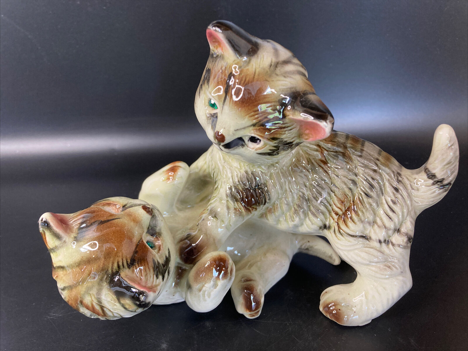 Vintage Enesco romping Wrestling kittens, hand painted Figurine 7”x5” Cats FLAW