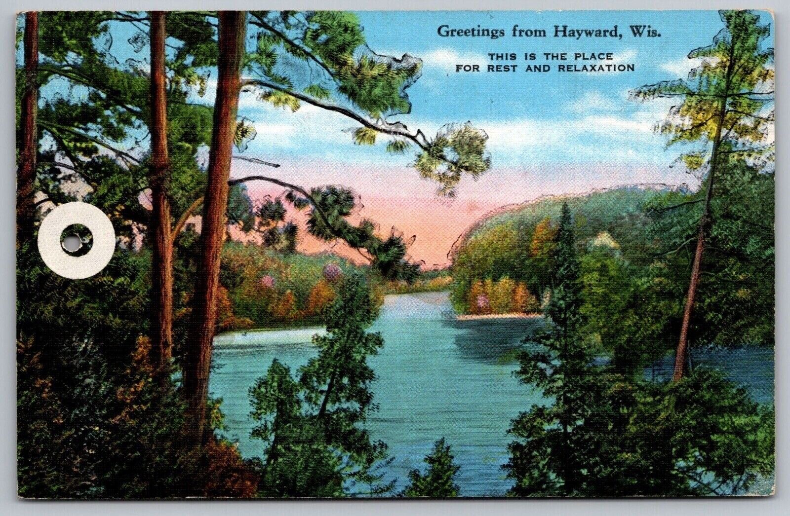Greetings Hayward Wisconsin Forest Lakefront Cancel Stone Lake WOB PM Postcard
