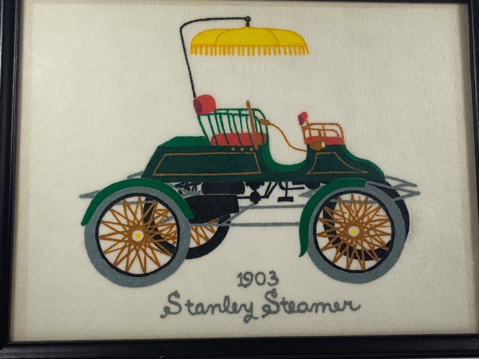 Vintage Fabric Car Art 1903 Stanley Steamer Decor Green Wall Hanging 12X10\
