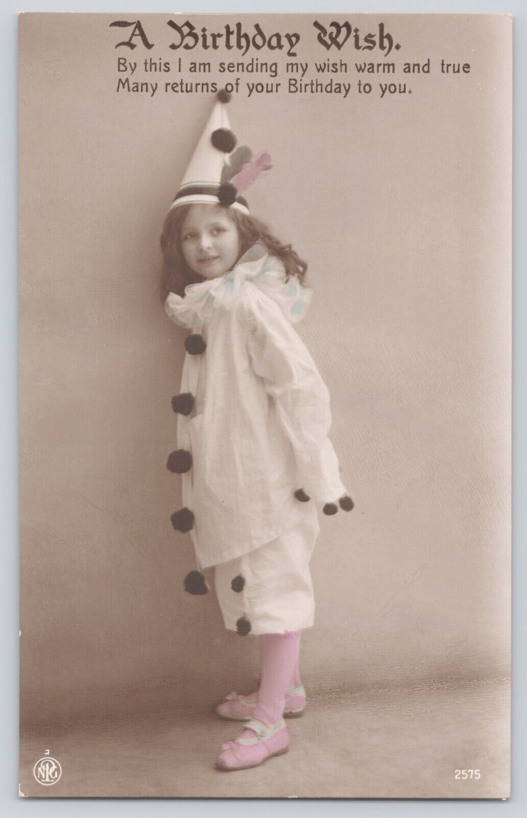 Postcard RPPC Birthday Girl In Clown Outfit Hand Colored Antique Unposted