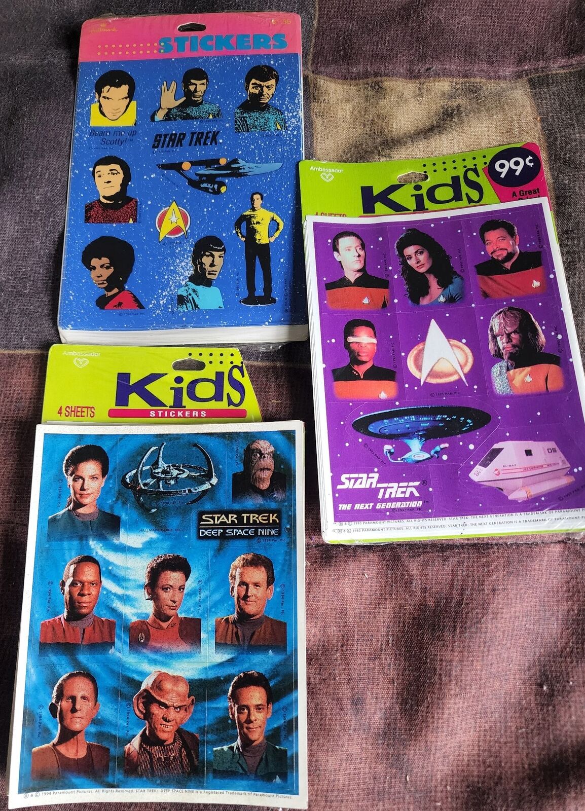 1990's Original Star Trek Stickers Kirk Spock Scotty 3 Packs See Pictures & Desc