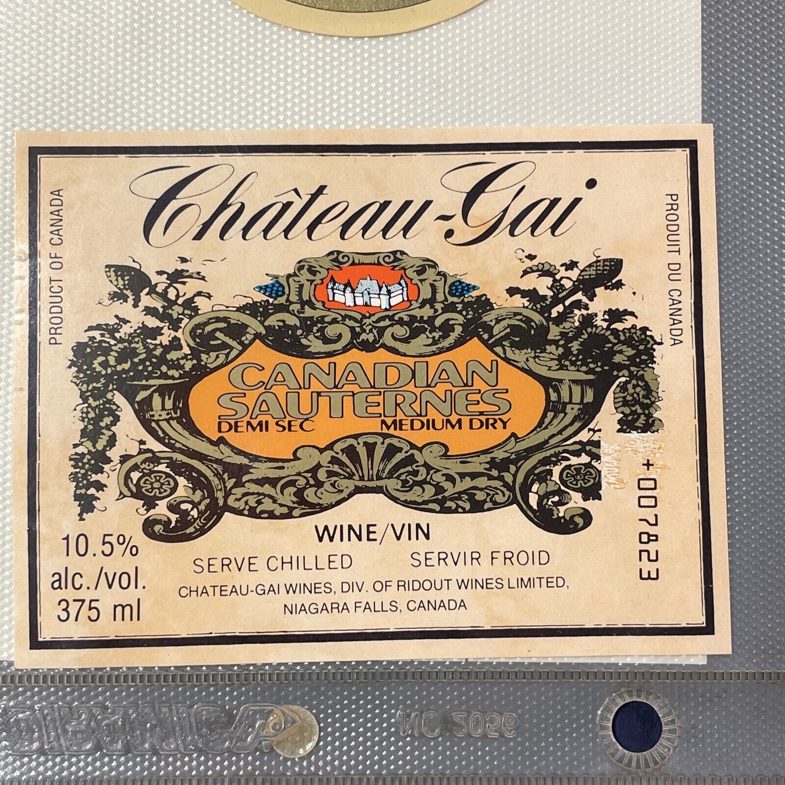 Vintage Chateau-Gai Canadian Sauterne White Wine Niagara UNUSED Paper Label Q26