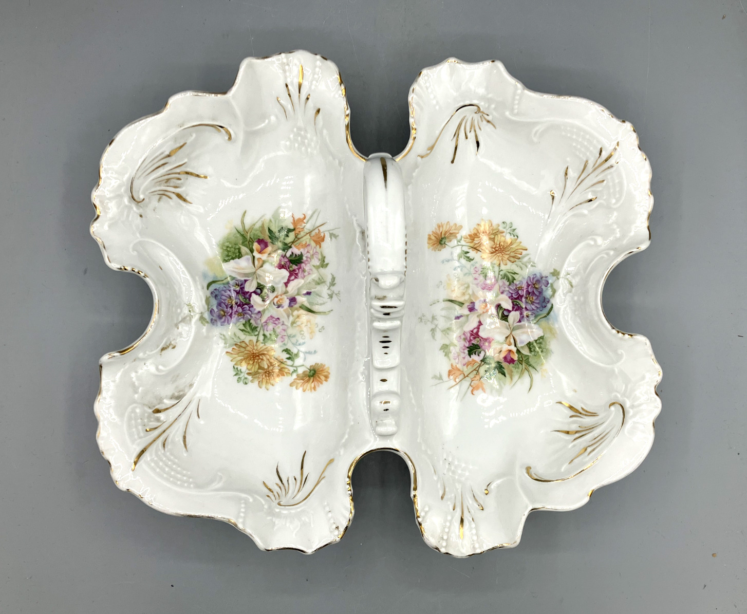 Antique Porcelain Carl Tielsch CT Butterfly Divided Dish w/Handle Floral w/Gold