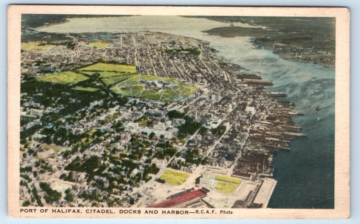 Port of HALIFAX aerial view Citadel, Docks & Harbour Canada 1940 Postcard
