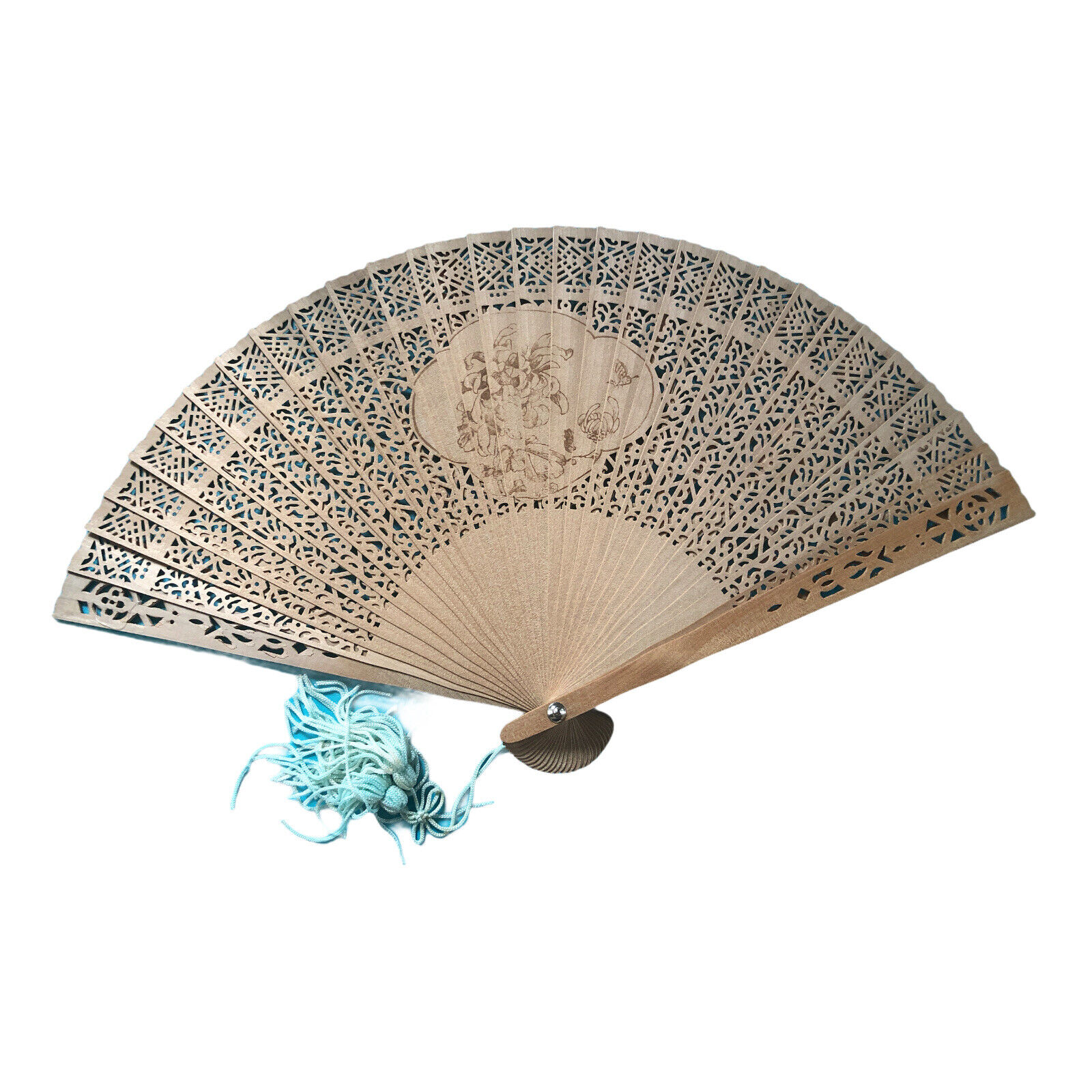 Vintage Asian Chinese Carved Wooden Hand Held Folding Fan w/ Aqua Tassel