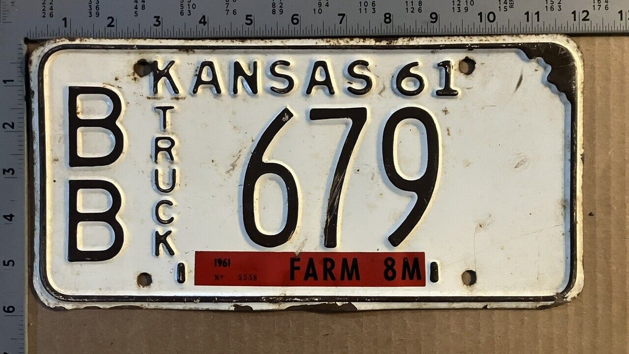 1961 Kansas farm truck license plate BB-679 YOM DMV Bourbon PICKUP 14872