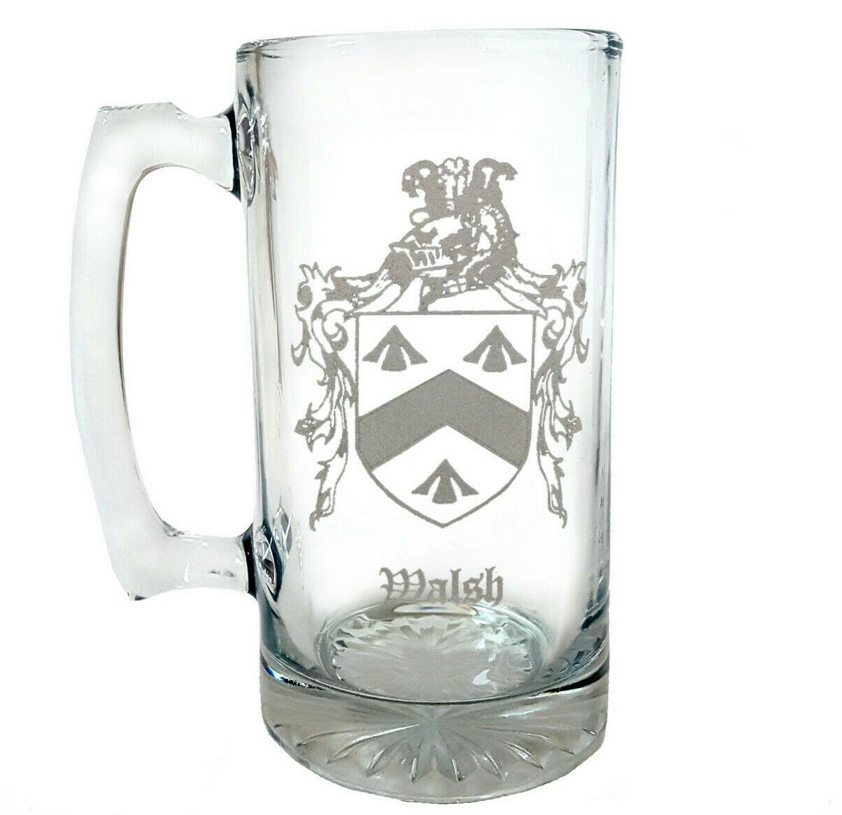 Custom Family Crest Glass Stein 26oz, Etched Coat of Arms Beer Mug