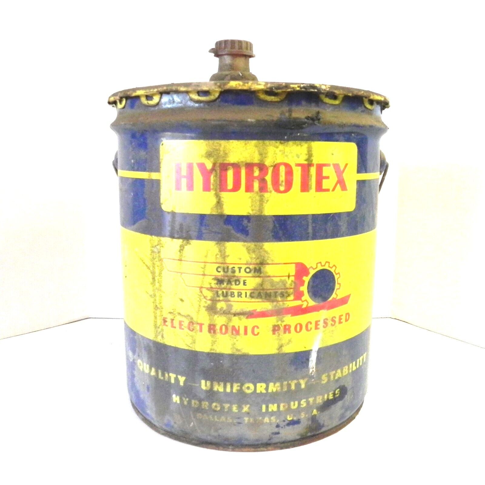 VINTAGE HYDROTEX CUSTOM MADE LUBRICANTS 5 GALLON 35 POUND BUCKET CAN 1/3 FULL
