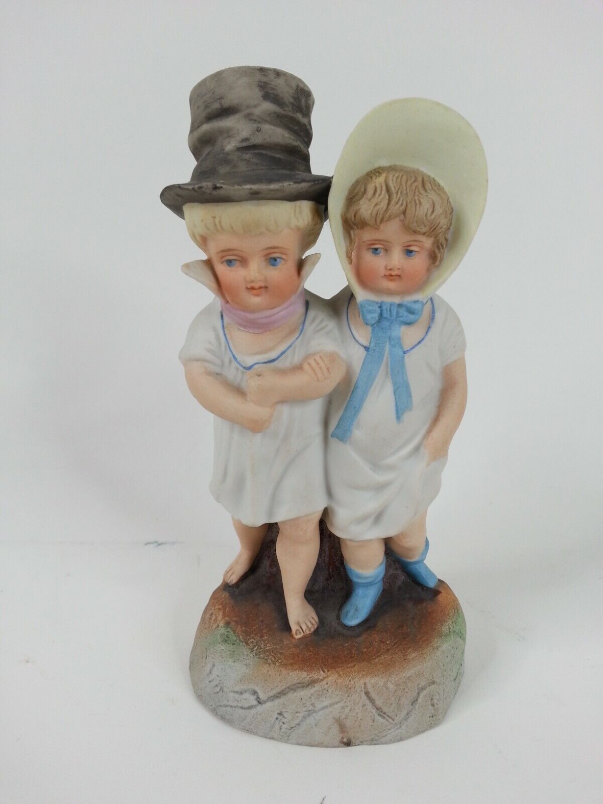 Victorian Antique Bisque Figurine Children Top Hat Boy Bonnet Girl 7 Inch Tall