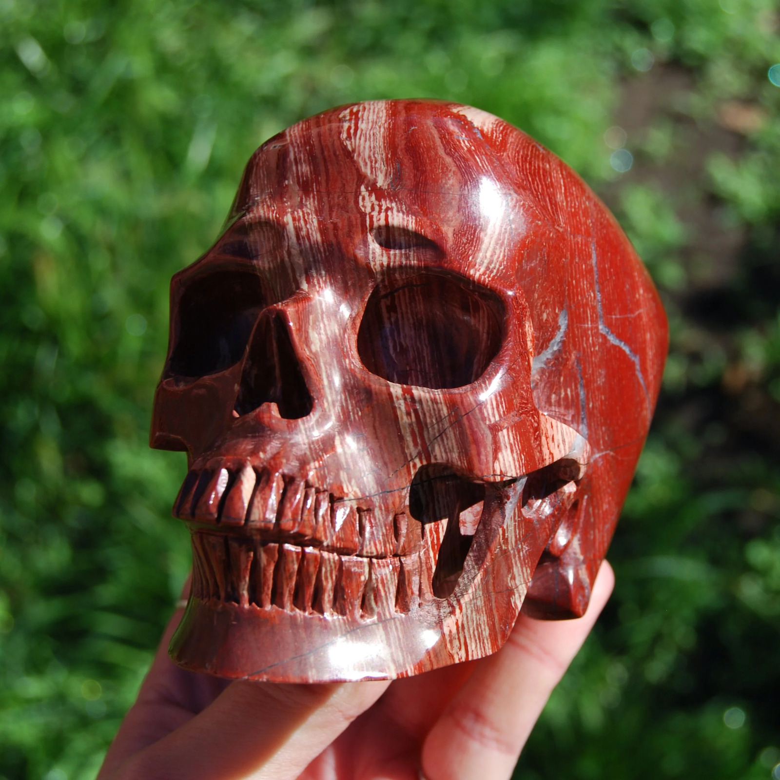 5in 3lb HUGE Red Snakeskin Jasper Crystal Skull, Realistic Gemstone Carving