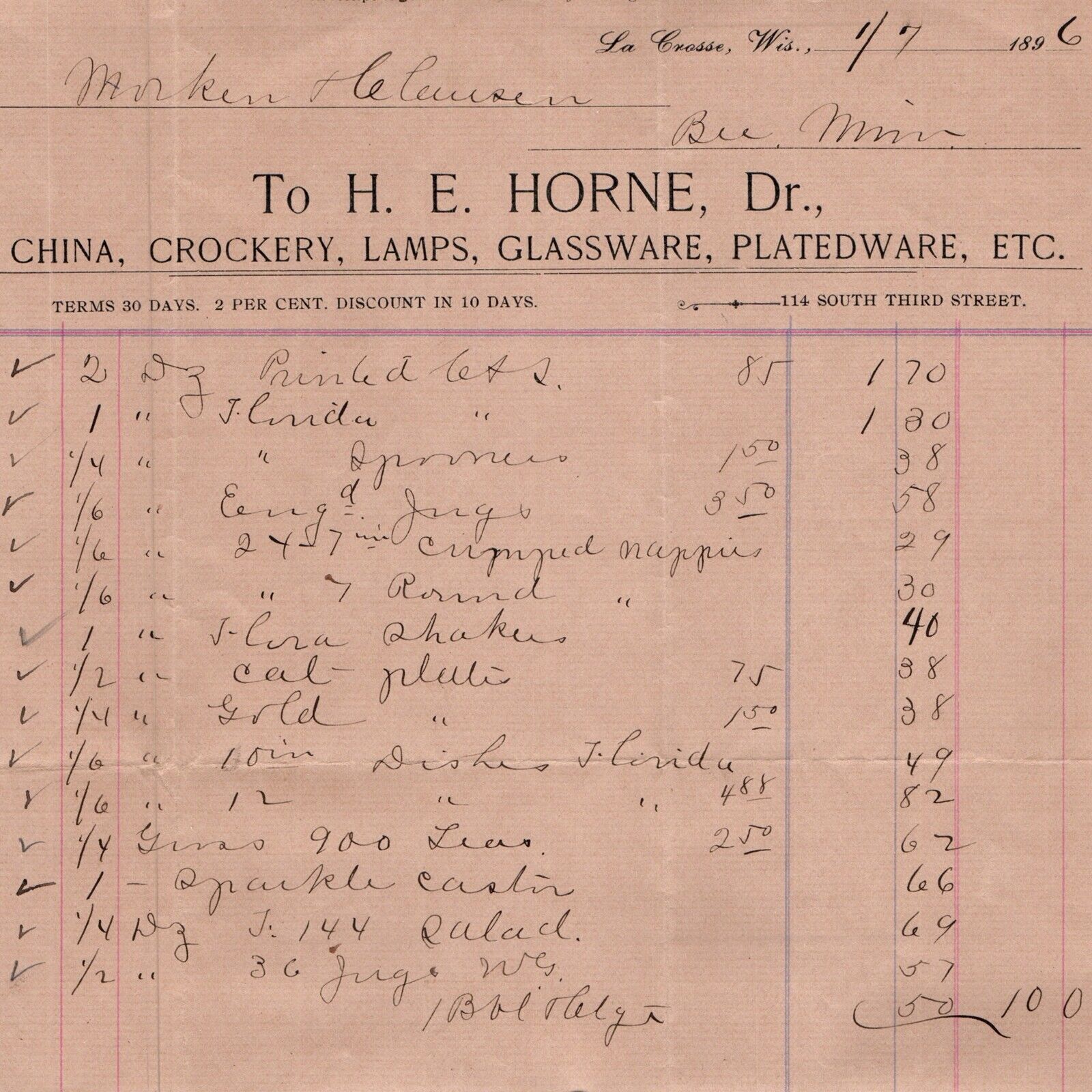 1896 La Crosse, Wis Store Letterhead Dr. H.E Horne China Lamps Receipt Bee MN R1