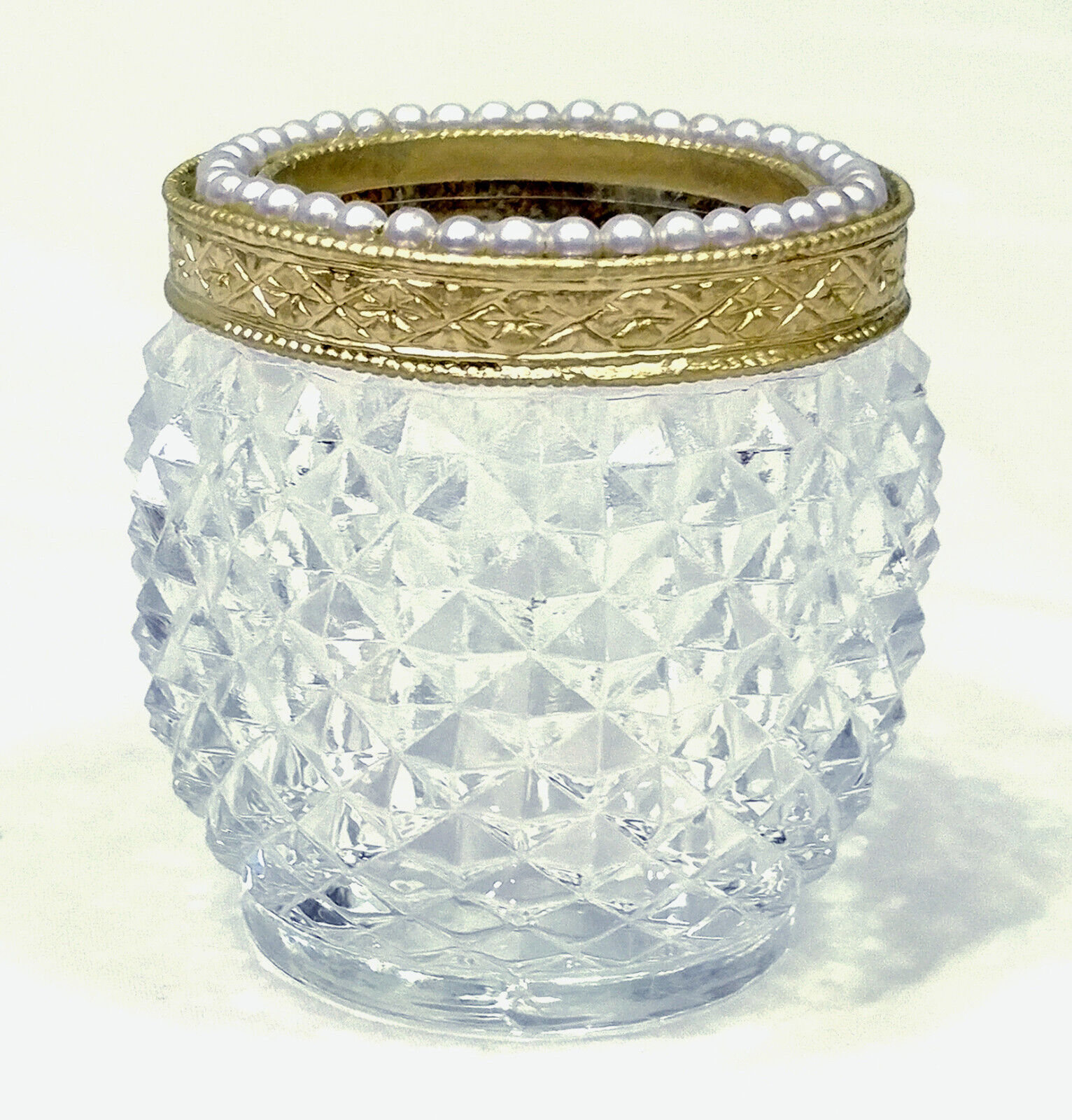 VINTAGE Clear Diamond Point Votive Candle Holder Gold Tone & Pearls