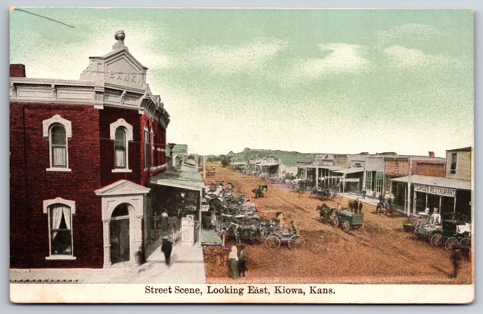 Kiowa Kansas~Main Street Bank~People\'s Restaurant~Meat Market~Sidewalk Sale~1908