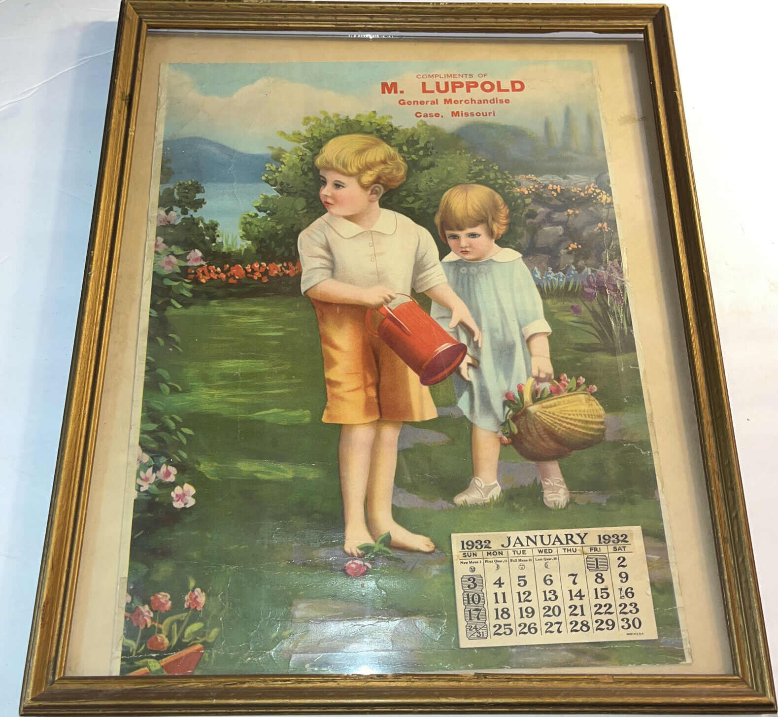 1932 M Luppold General Merchandise Advertising Boy Girl Litho Calendar Framed