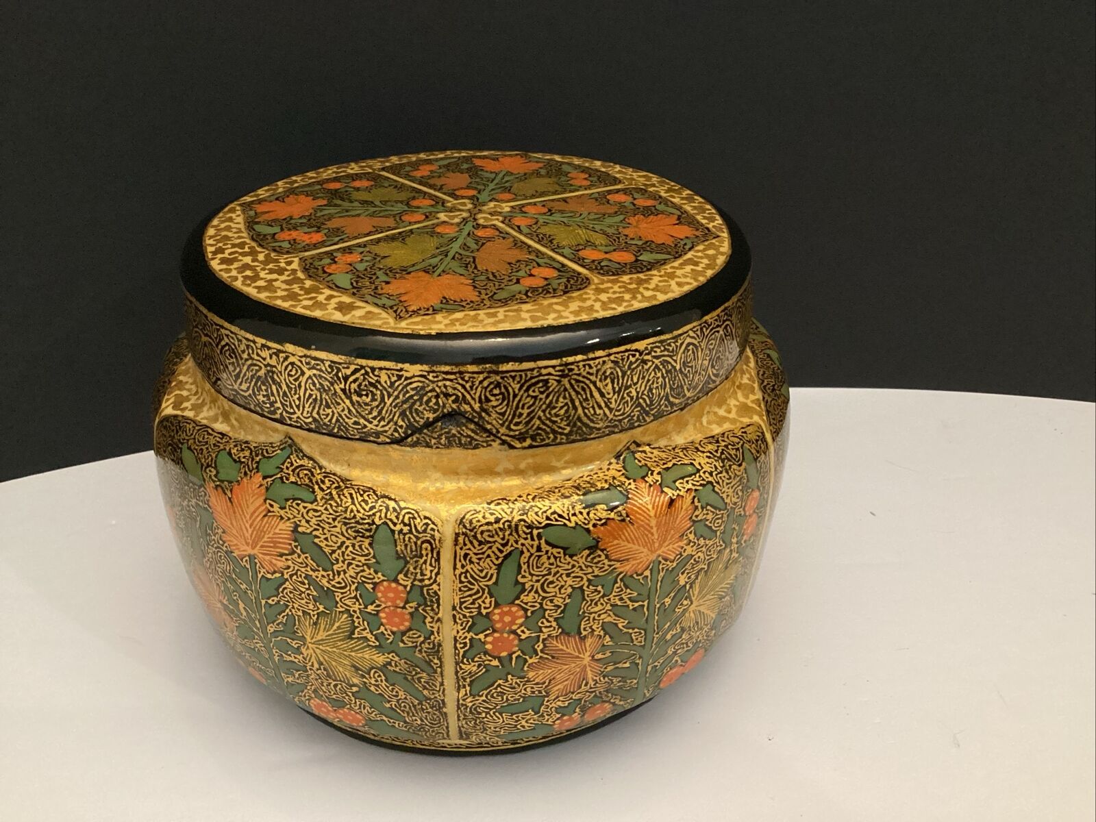 Vintage Floral Hand Painted Lacquered Paper Mache Trinket, Tobacco Box