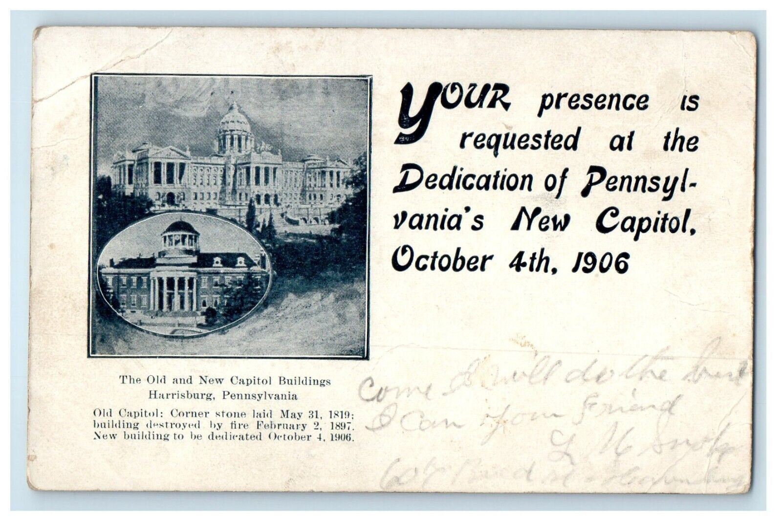 1906 New Capitol Building Dedication Advertising Invitation Harrisburg Postcard