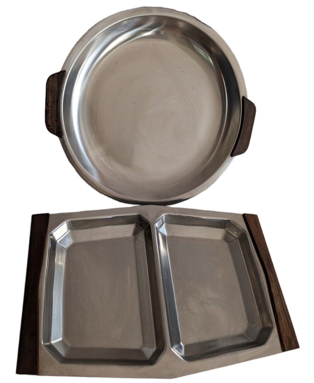 MCM Denmark Stainless Steel Wood Handle Serving Tray Lot of 2 Mid Century Modern