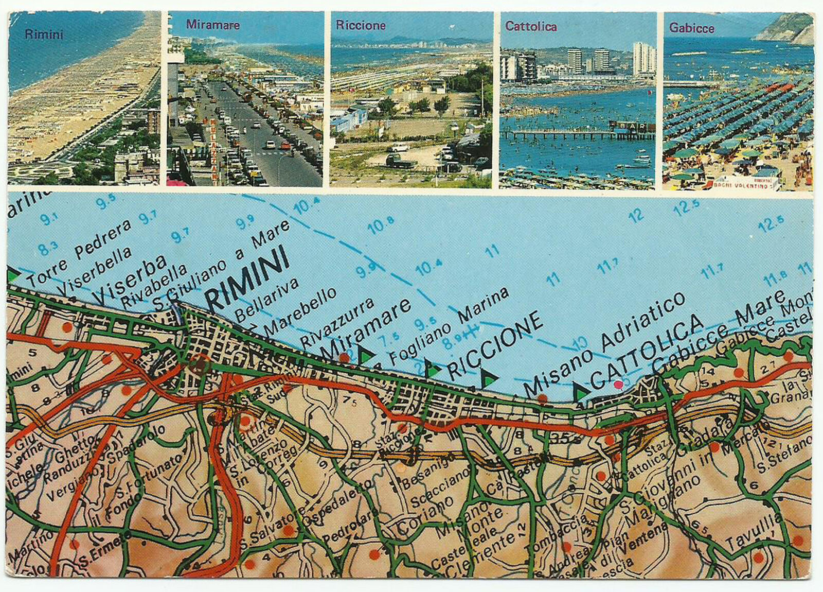 Adriatic Coast Italy, Vintage Postcard, 5 Views and Map, 1980