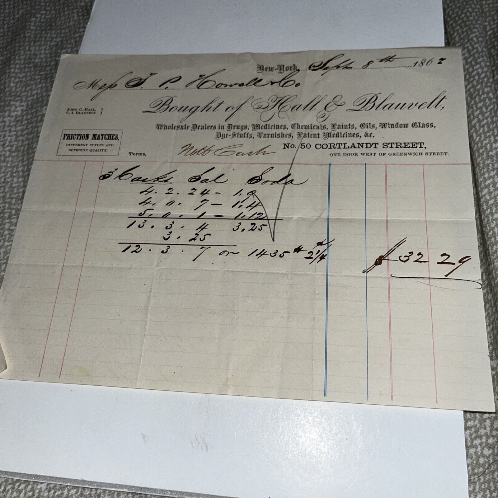 1867 Post Civil War Letterhead Invoice: Hall & Blauvelt New York NY Medicine