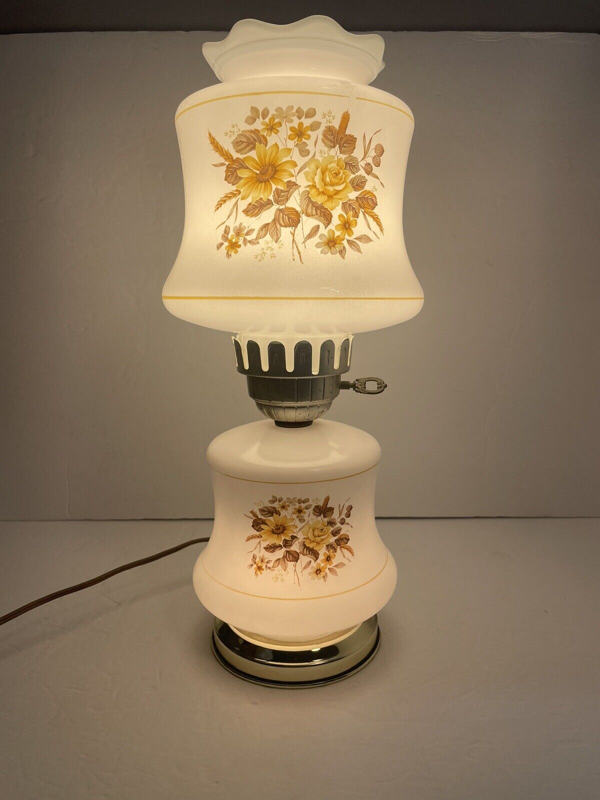 Vintage Hurricane Lamp 3 way- Milk Glass White with Yellow and Brown Flowers