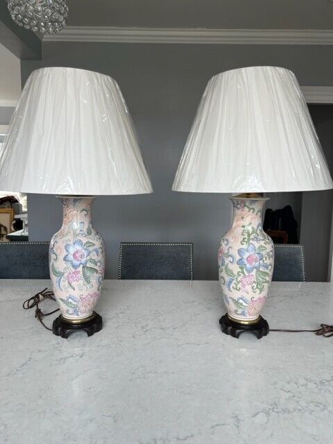 Pair Chinoiserie Table Lamps Light Peach Chinese Asian Porcelain Flower Vintage