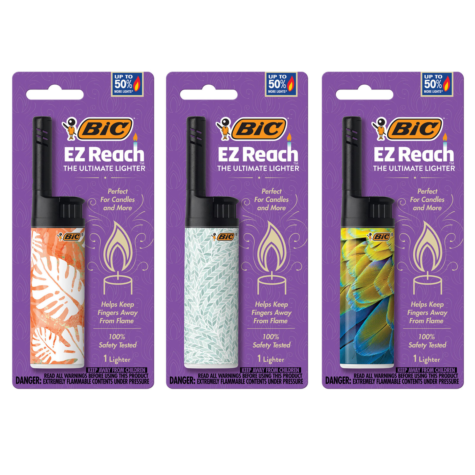 BIC EZ Reach Lighter, Home Décor Design, 3-Pack (Assortment of Designs May Vary)