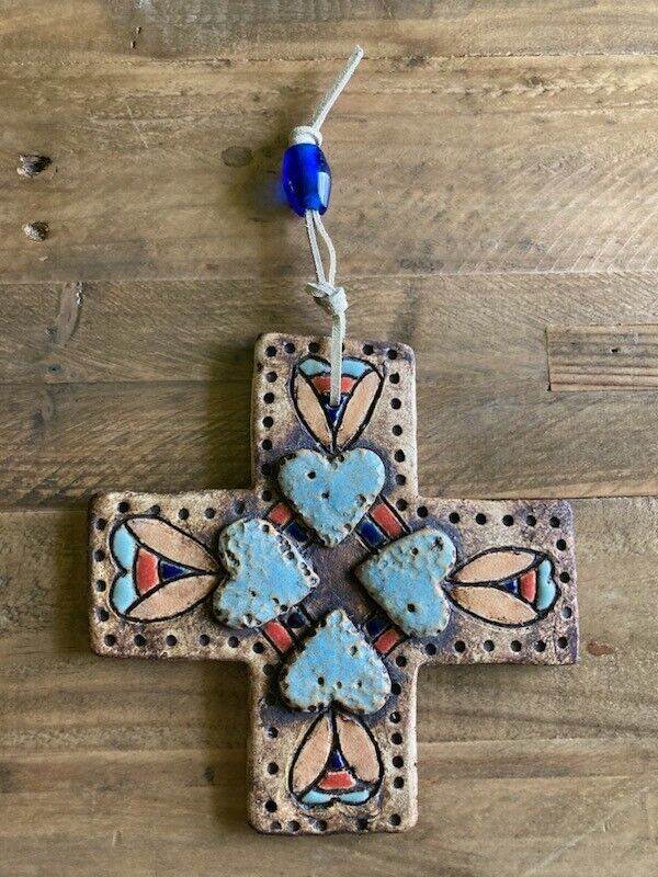 handmade artist signed ceramic cross with hearts wall hanging Southwestern style