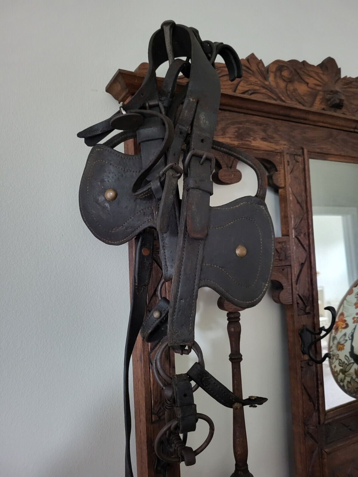 Grandpa\'s Old Antique primitive leather horse bridle with blinders  Dry Cracking
