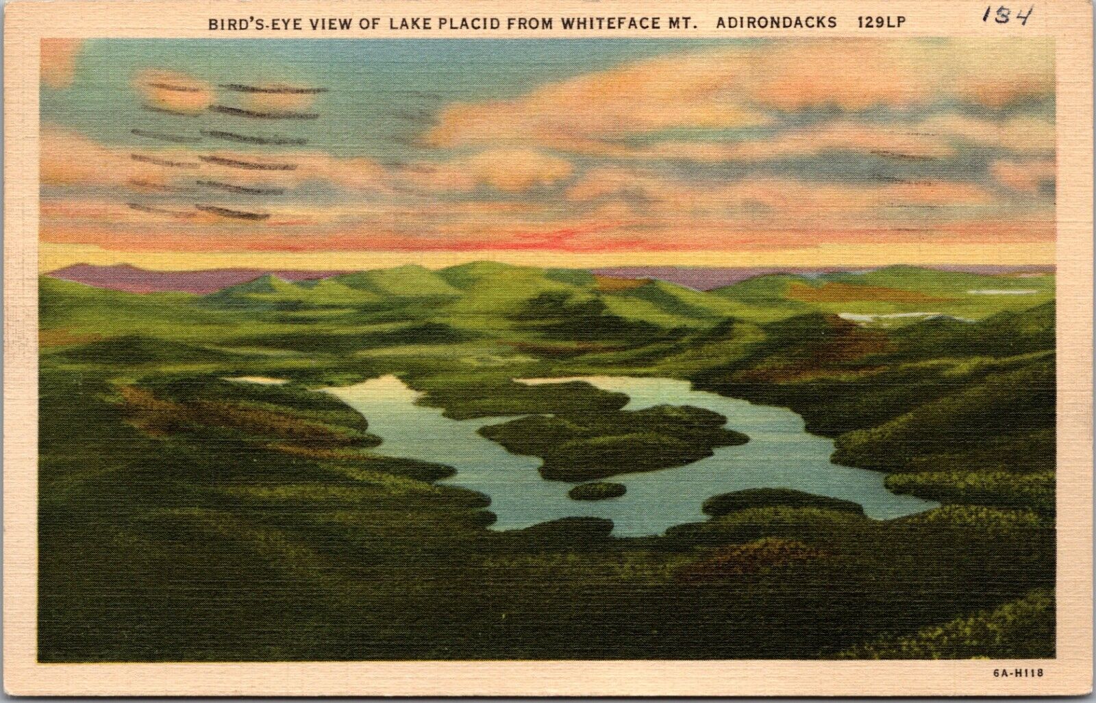 Adirondacks NY Lake Placid from Whiteface Mt. Birdseye Teich Linen Postcard 1936