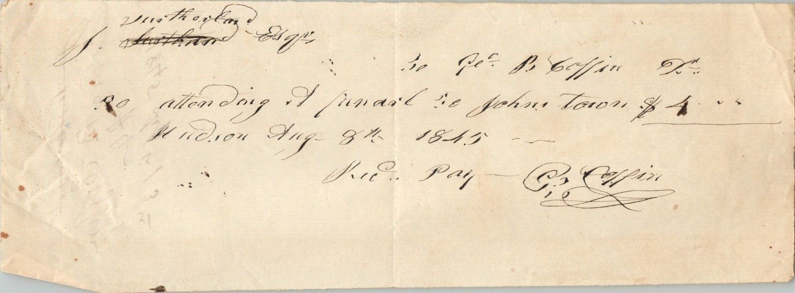 Handwritten Receipt Antique 1845 George B Coffin Johnstown