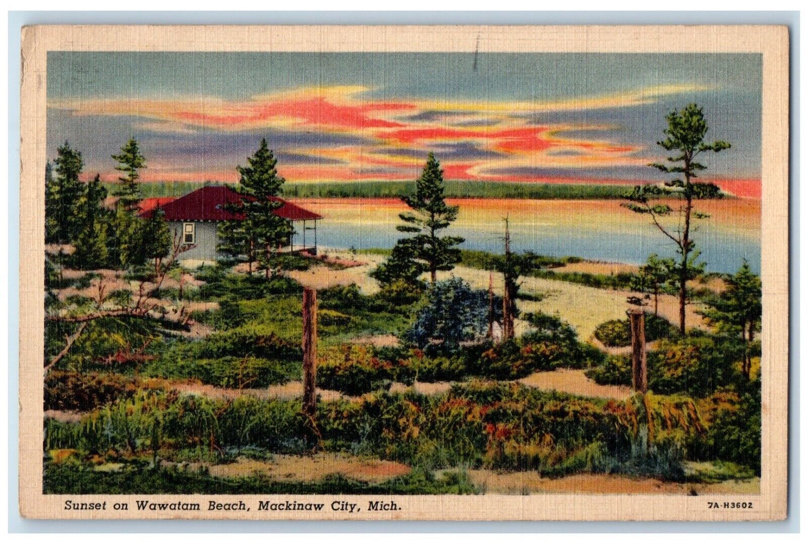 1940 Sunset Wawatam Beach Trees Exterior Mackinaw City Michigan Vintage Postcard