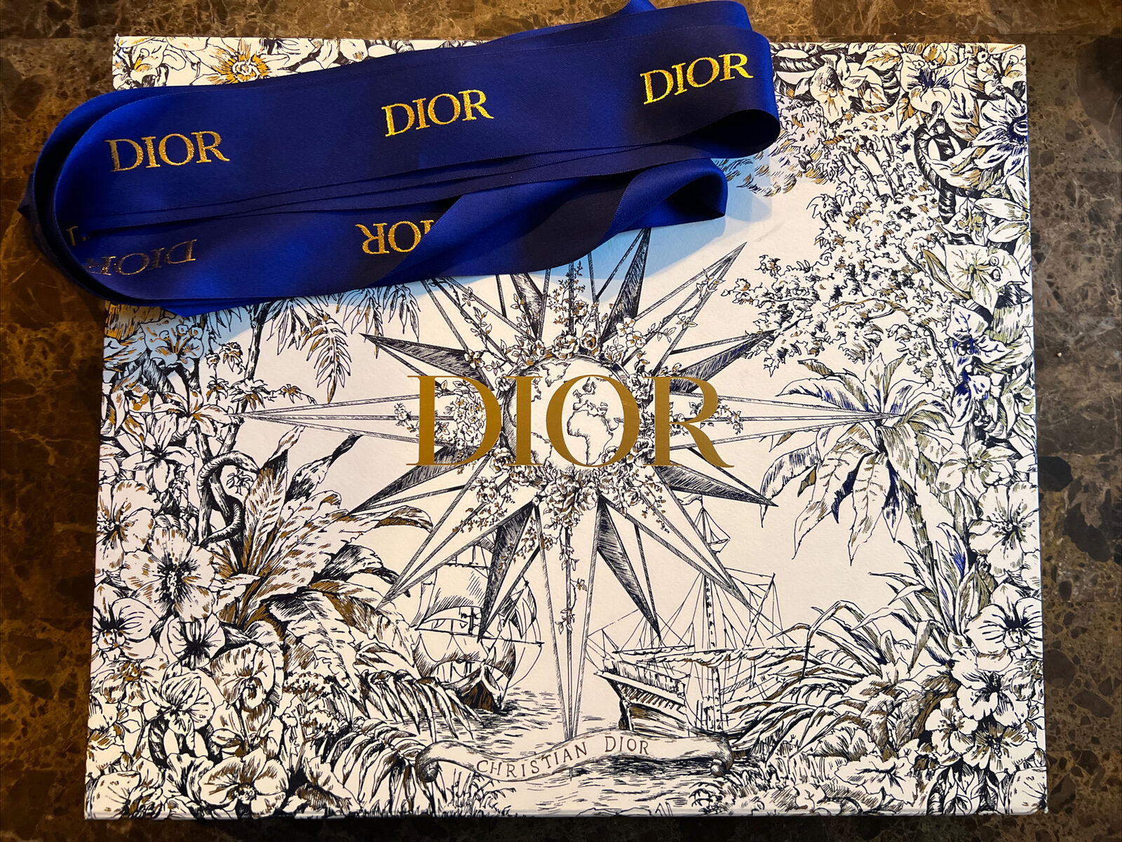 Dior Gift Box Gold Blue Foil Celestial Nautical  16.5” x 13.75” x 2”  ribbon 9’