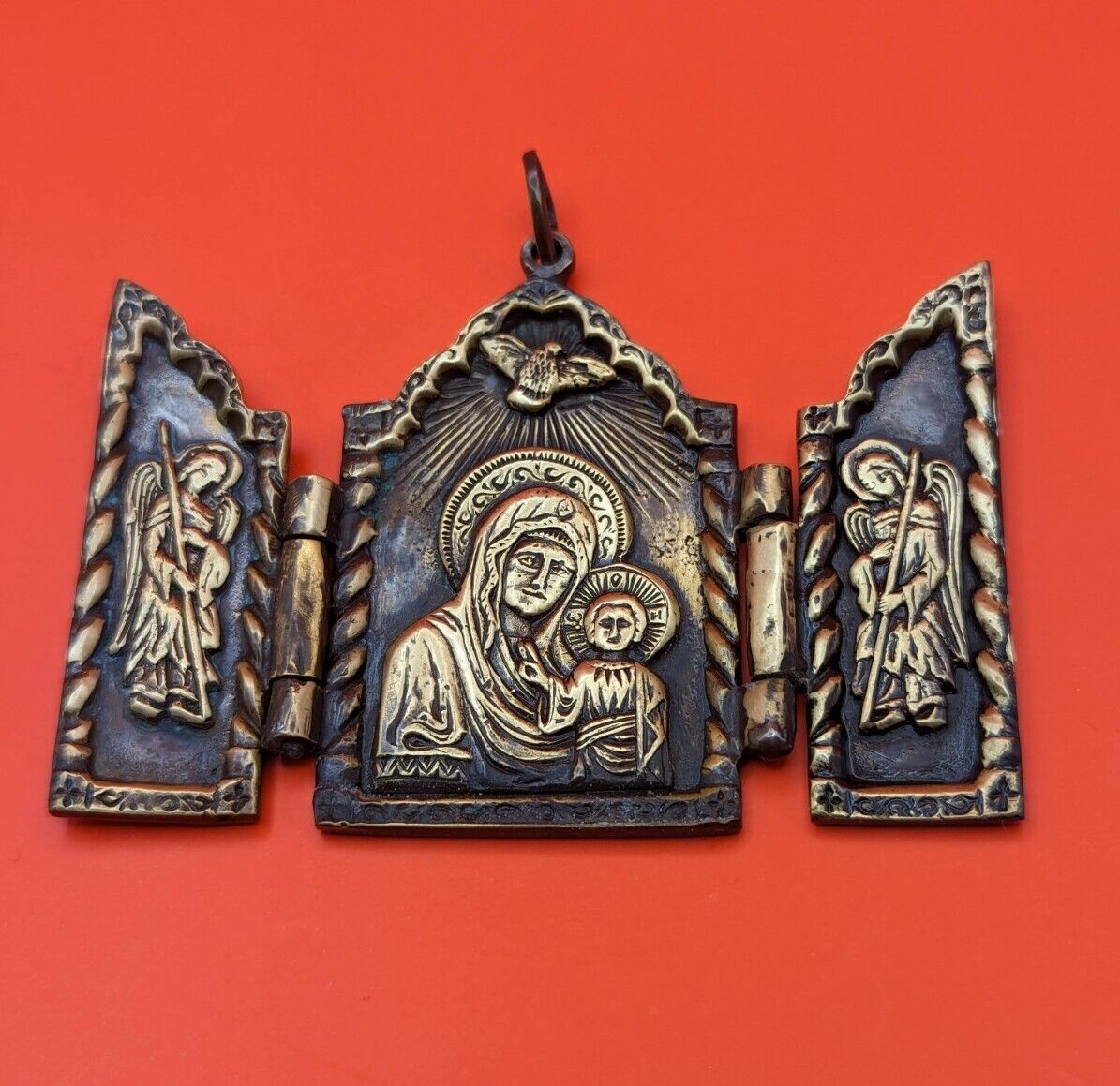 Orthodox Christian Triptych Icon Mother of God Cast brass bronze Patina Easter