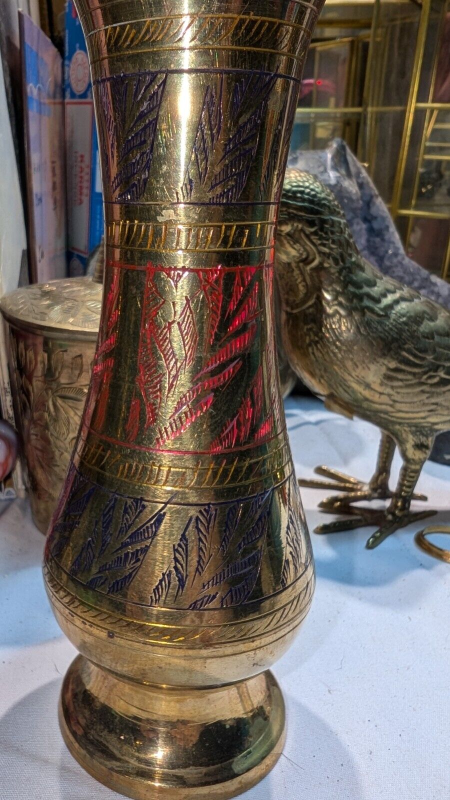 Vintage India Brass Vase Hand Engraved and Painted in Red, Green, Black 6\