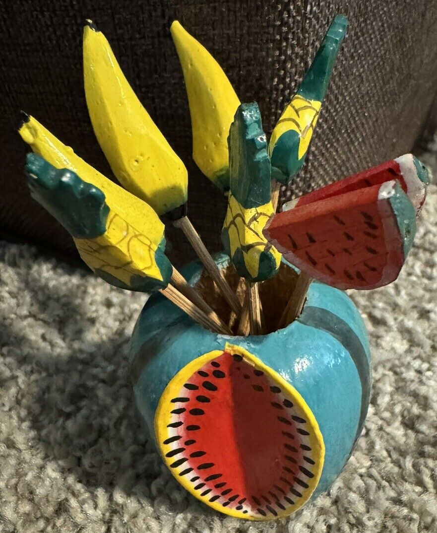 Vintage Wooden Watermelon w Fruit Cocktail  Skewers Toothpick Holder Tropical
