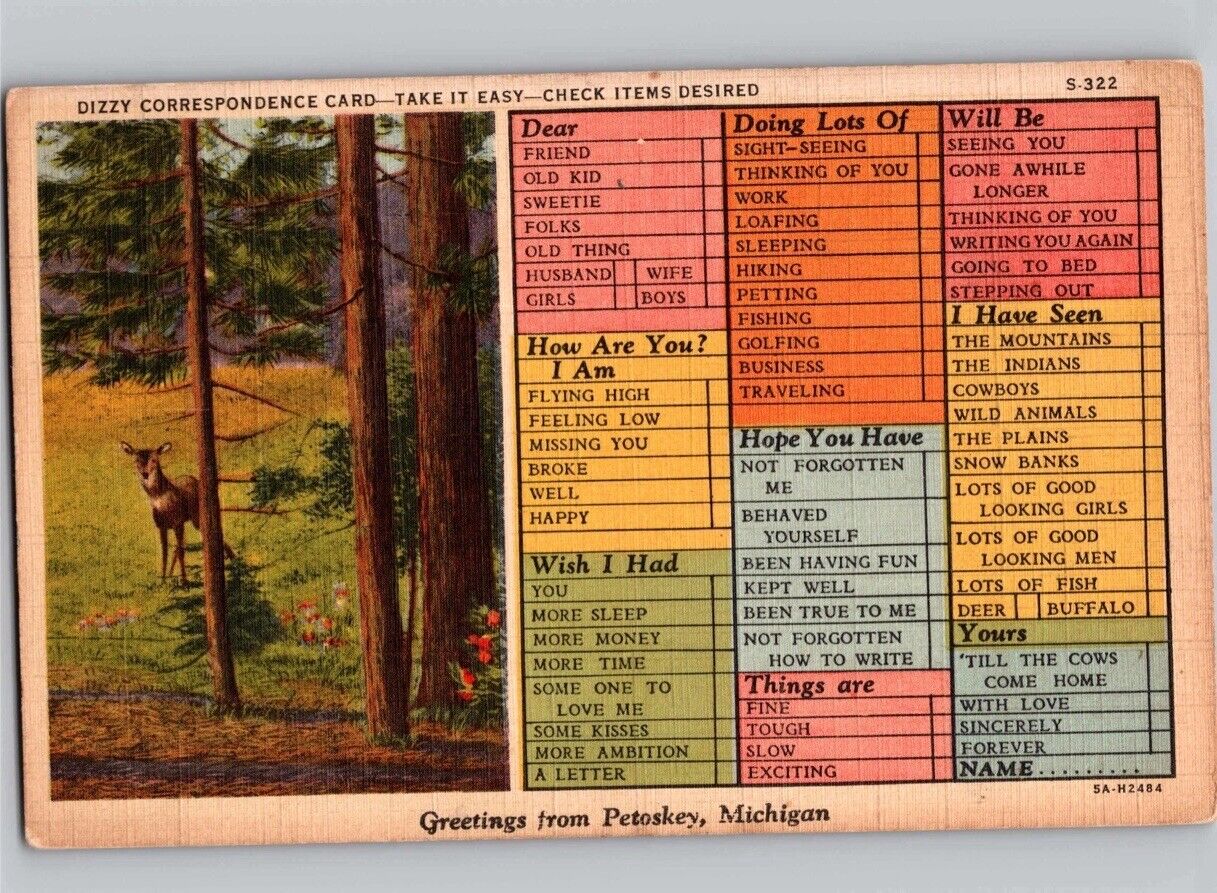 c1940 Greetings From Petoskey Michigan MI Correspondence Linen Postcard